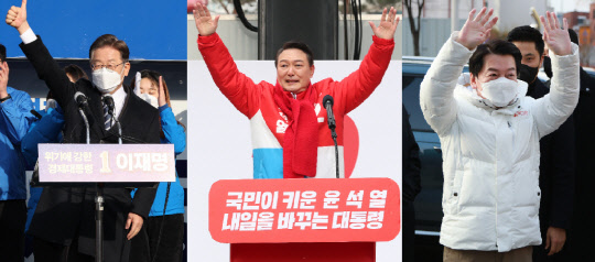 이재명(왼쪽부터) 더불어민주당 대선후보와 윤석열 국민의힘 대선후보, 안철수 국민의당 대선후보가 공식선거운동 첫날인 지난 15일 영남권에서 현장유세를 하고 있다. 연합뉴스